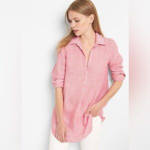 Gap Women's Linen Stripe Boyfriend Popover Tunic Shirt Sz Large Lightweight